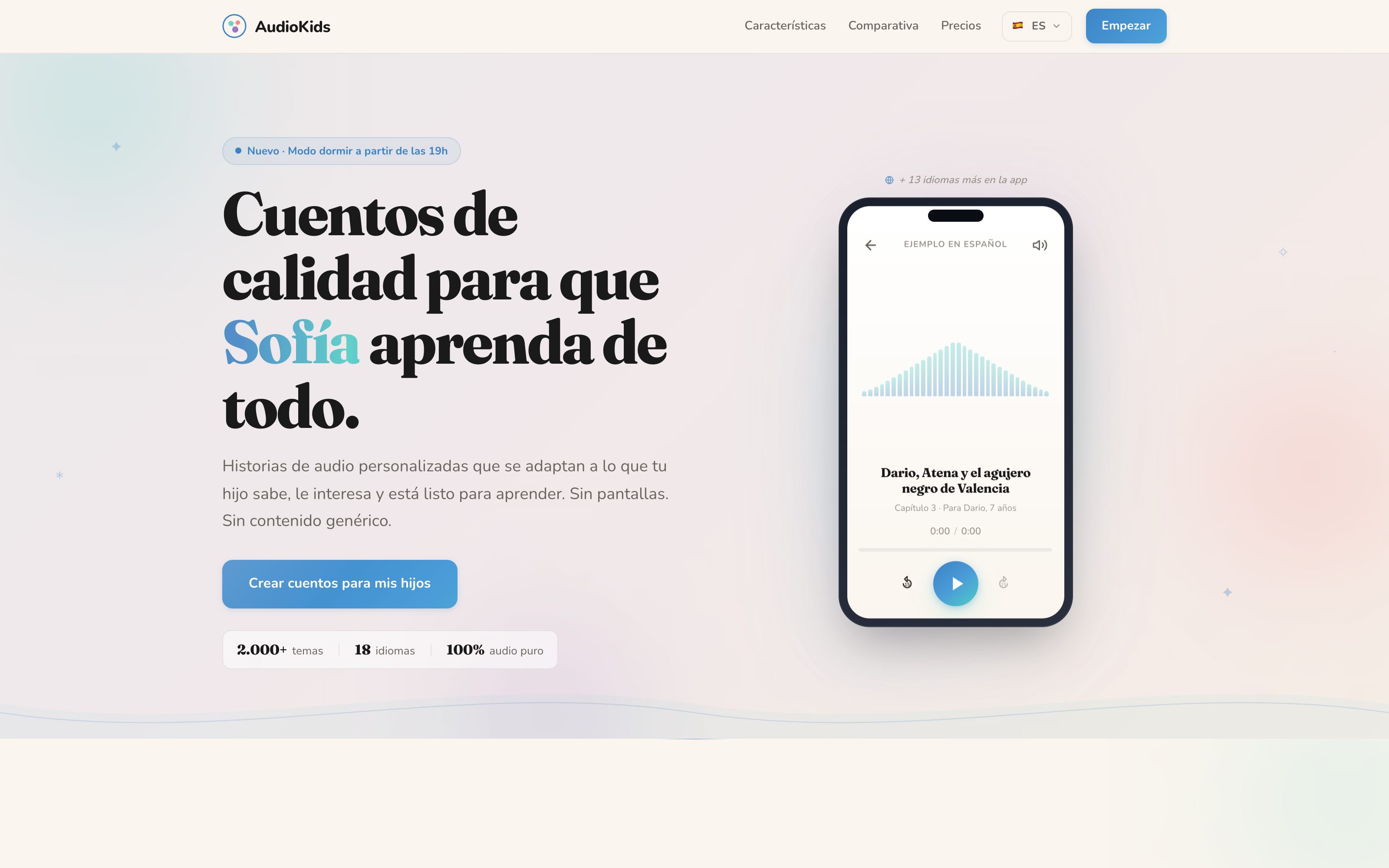 Interfaz de AudioKids con un mapa visual de historias y temas