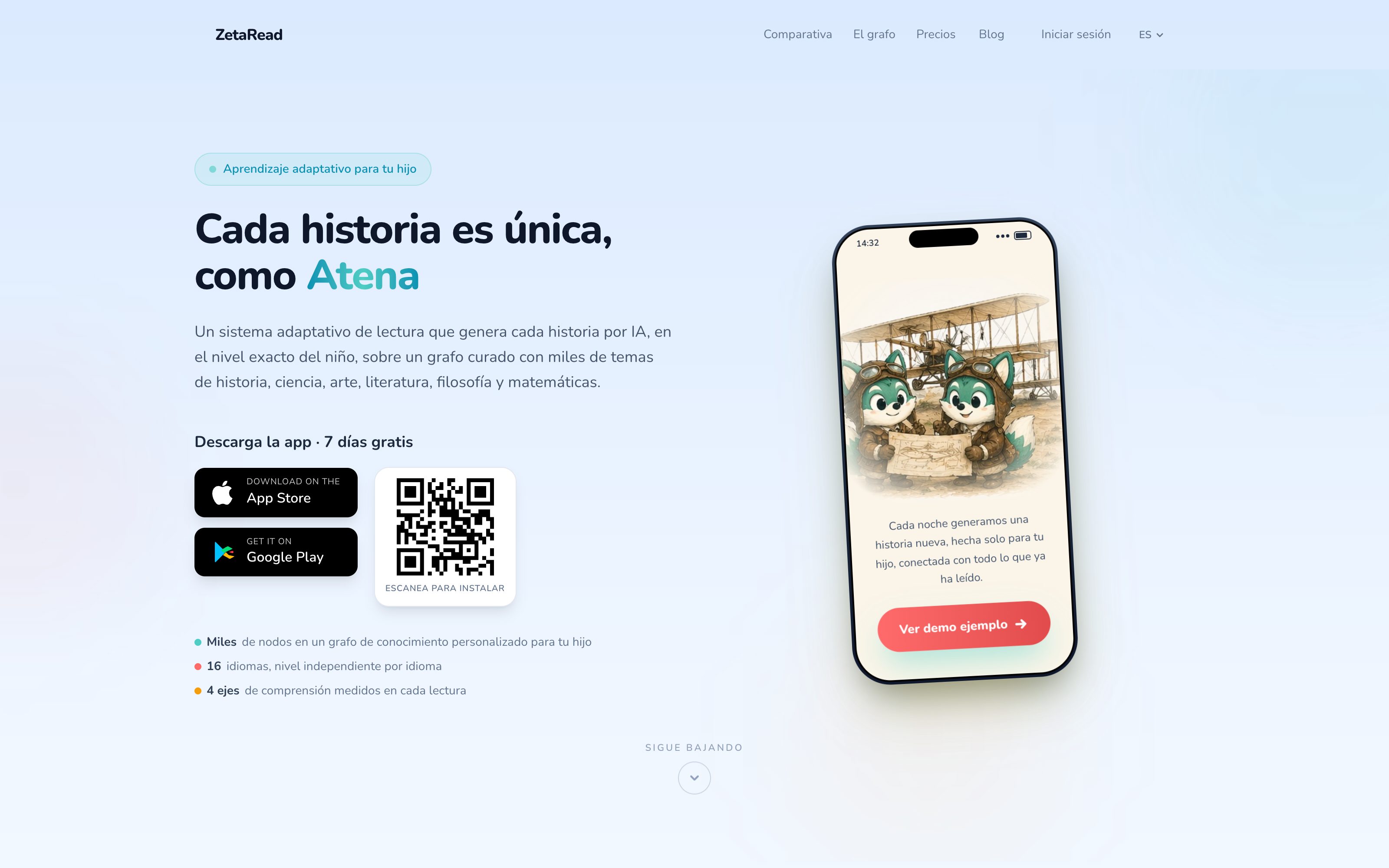 Interfaz de ZetaRead con Zeti y un mundo de lectura infantil
